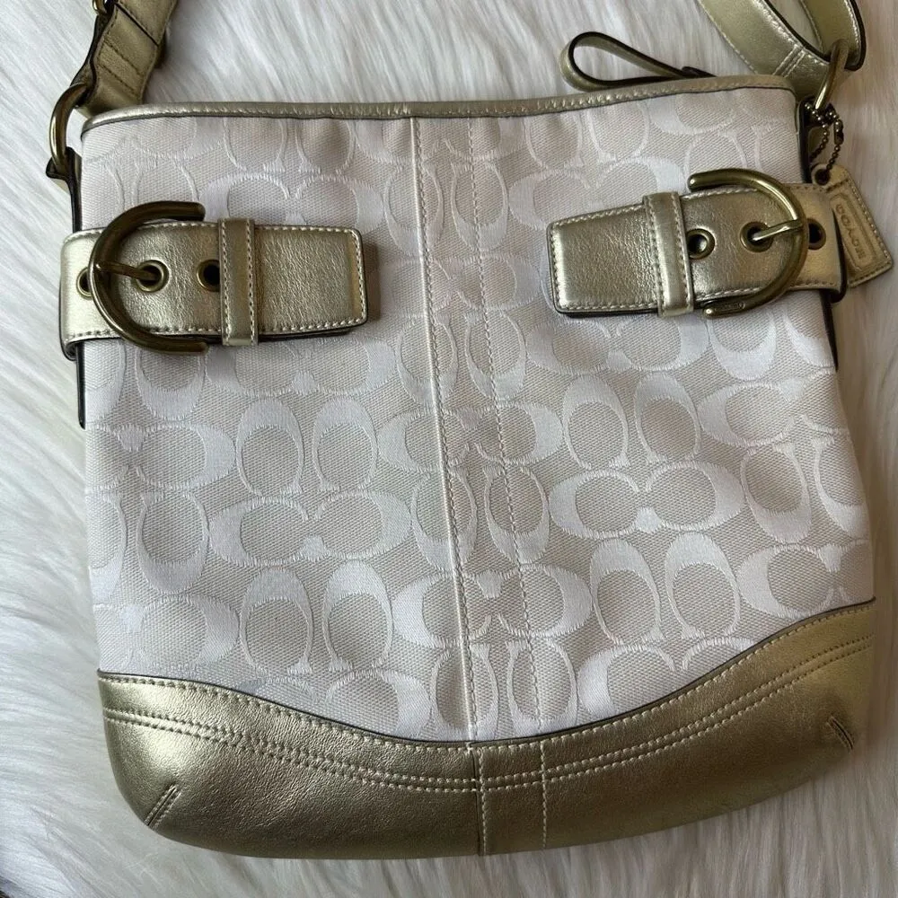 Coach Signature Hobo Shoulder Bag Cream/Off-White w/Gold Leather Trim/Accents - Image 10