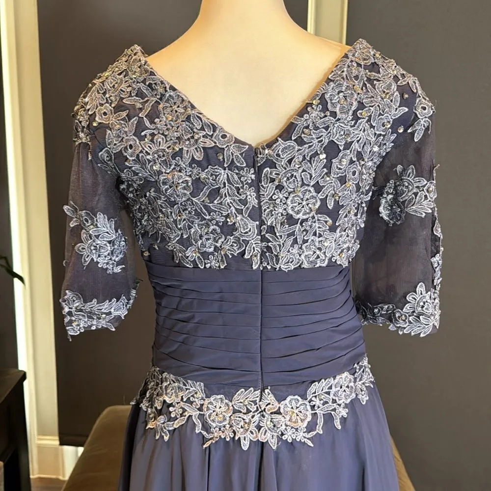 Women’s Short Blue Chiffon Prom Party Dress with Floral Detail Zip Back Size S - Image 6