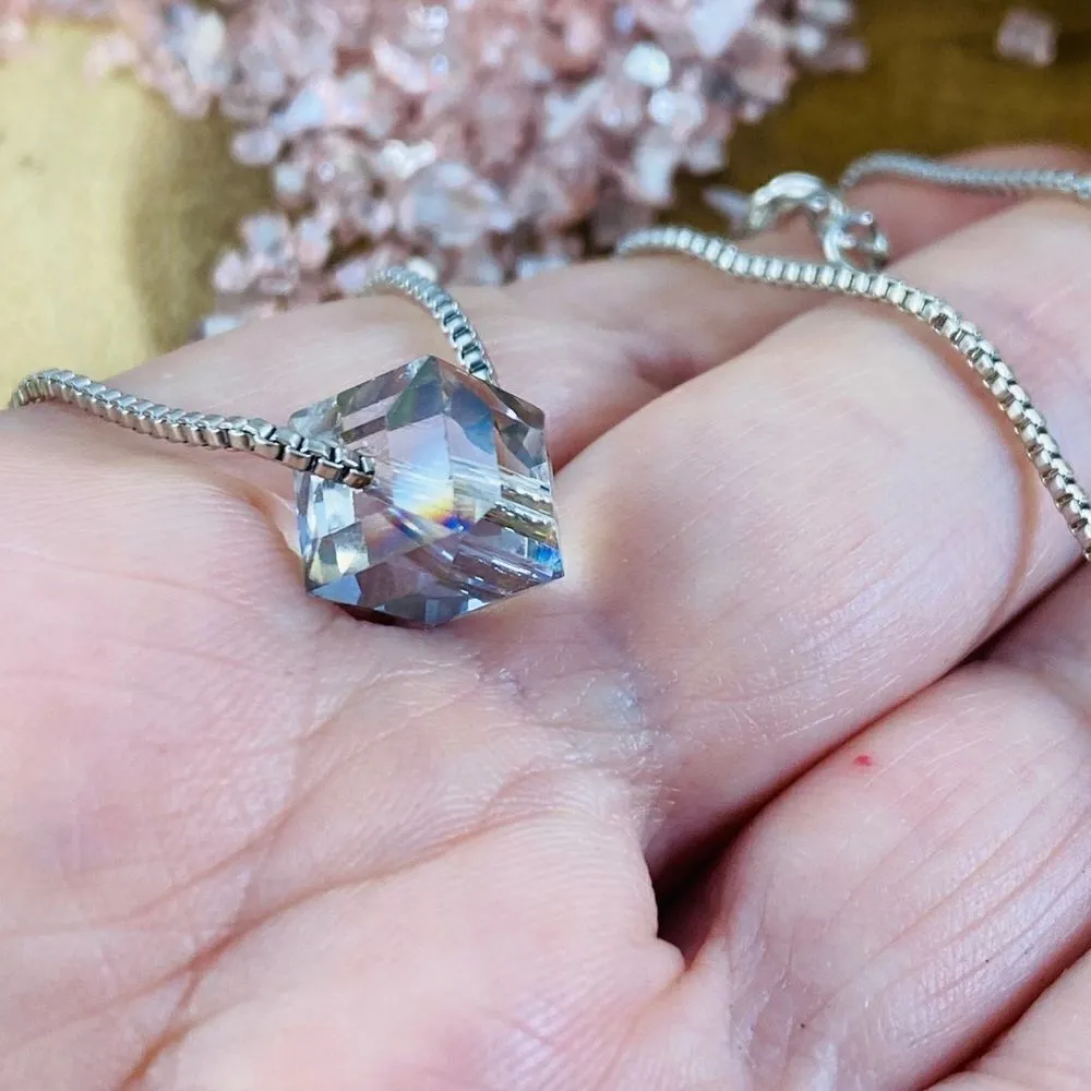 Crystal Rainbow Prism Cube Silver Chain Necklace - Image 5