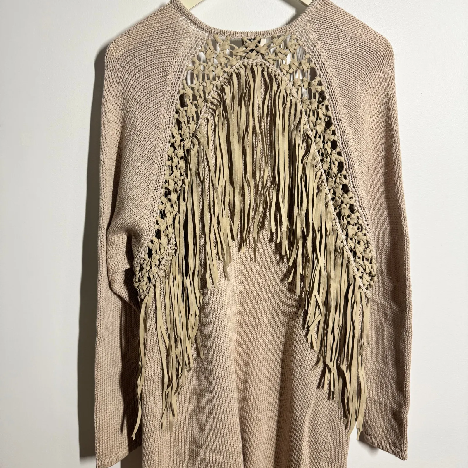 Haute Hippie Cardigan Women M Tan Knit Fringe Cotton Boho Western Fall Country - Image 4
