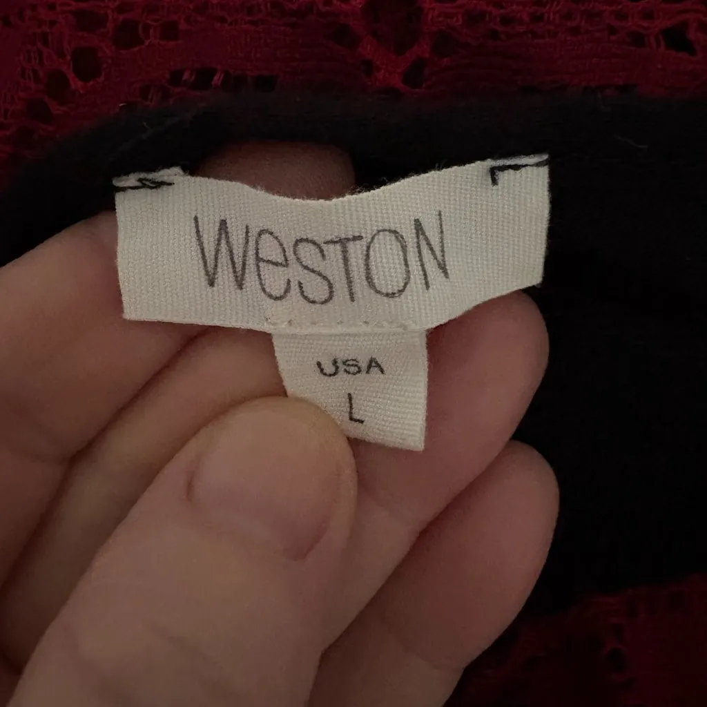 Anthropologie Weston burgundy red lace fit flare dress gold belt women's large - Image 3