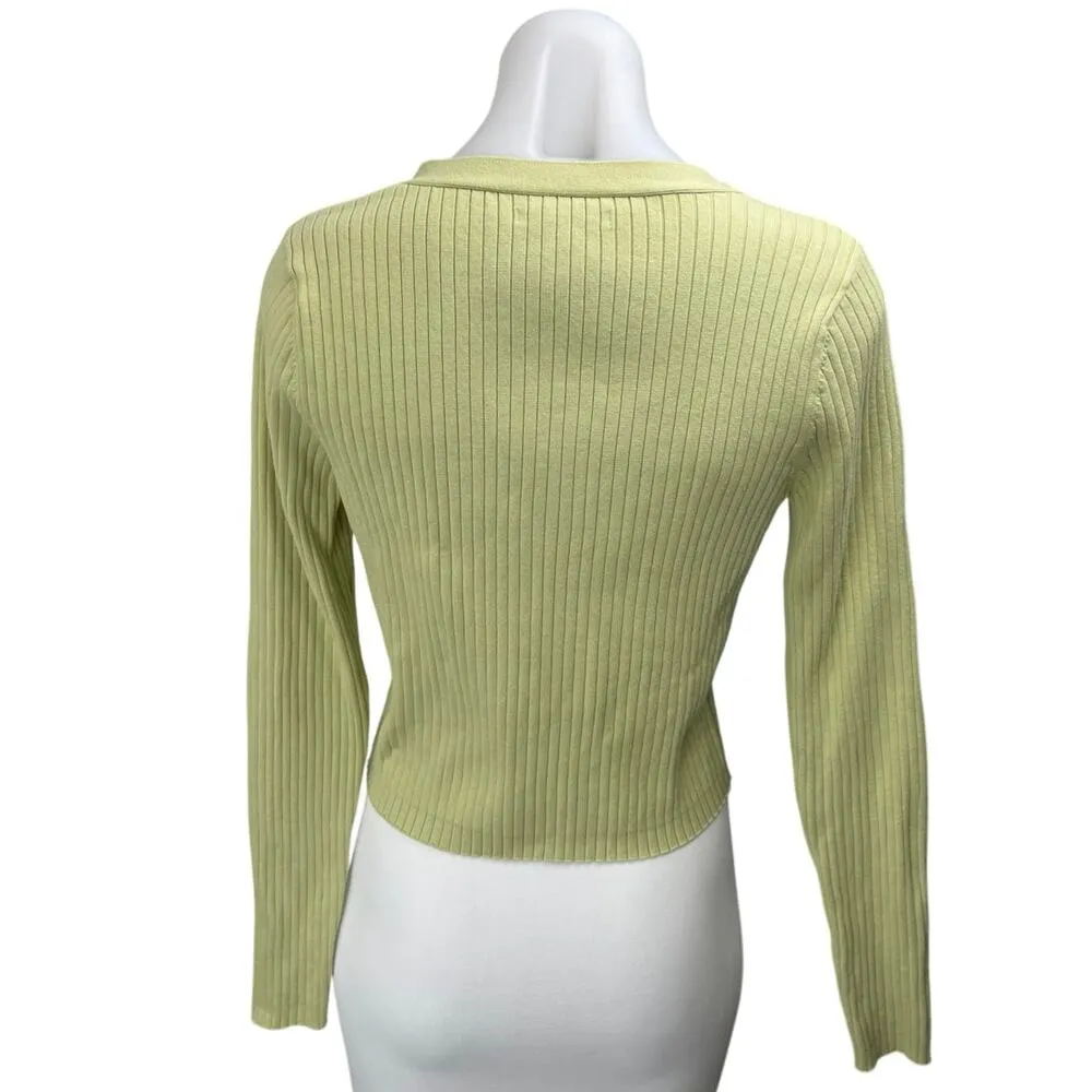 Reformation Green Rib Knit V-Neck Button Long Sleeve Crop Cardigan Sweater Top M - Image 2