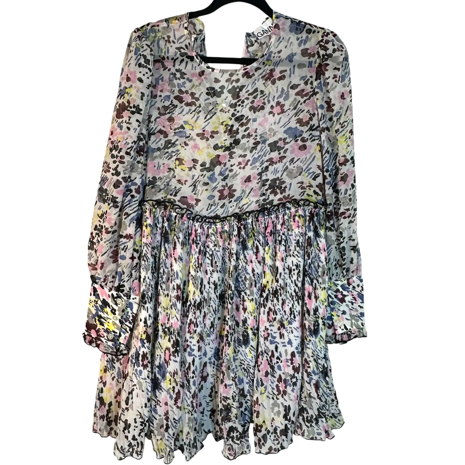 GANNI Floral Plisse Pleated Georgette Mini Dress in Ivory Floral - Image 3