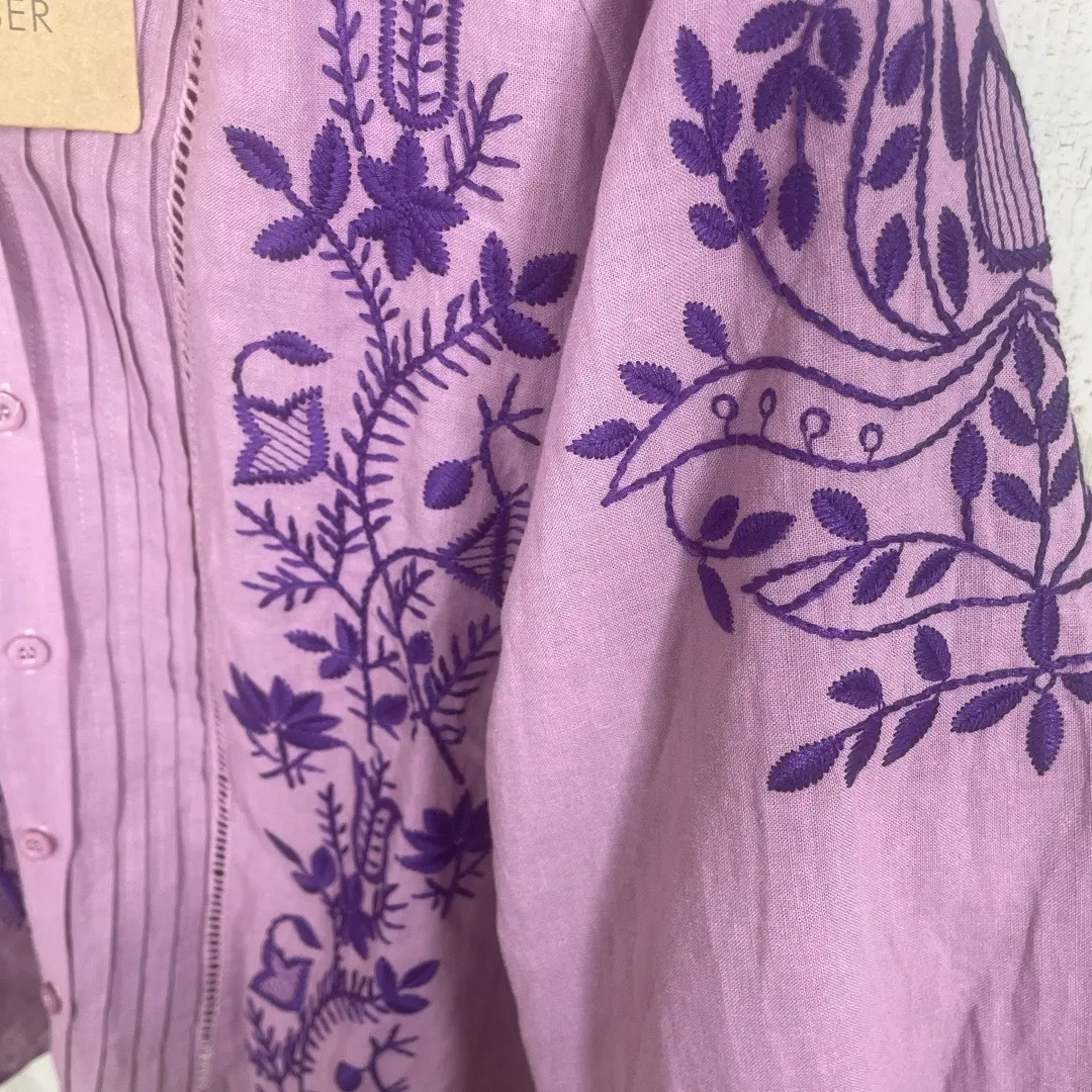 Fate Embroidered Floral Button Front Top Size L Purple Linen Cotton NWT Boho - Image 3