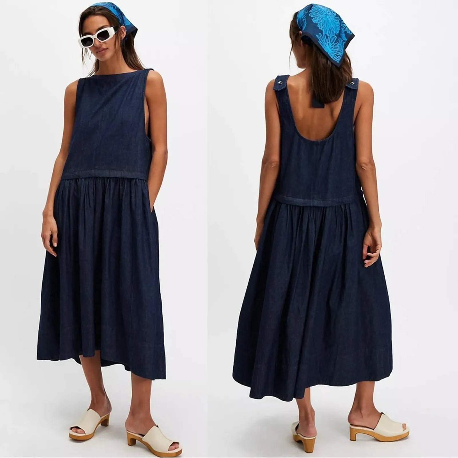 Free People Retro 90s Soraya Dark Denim Drop Waist Midi Jumper Dress Size Medium - Image 3