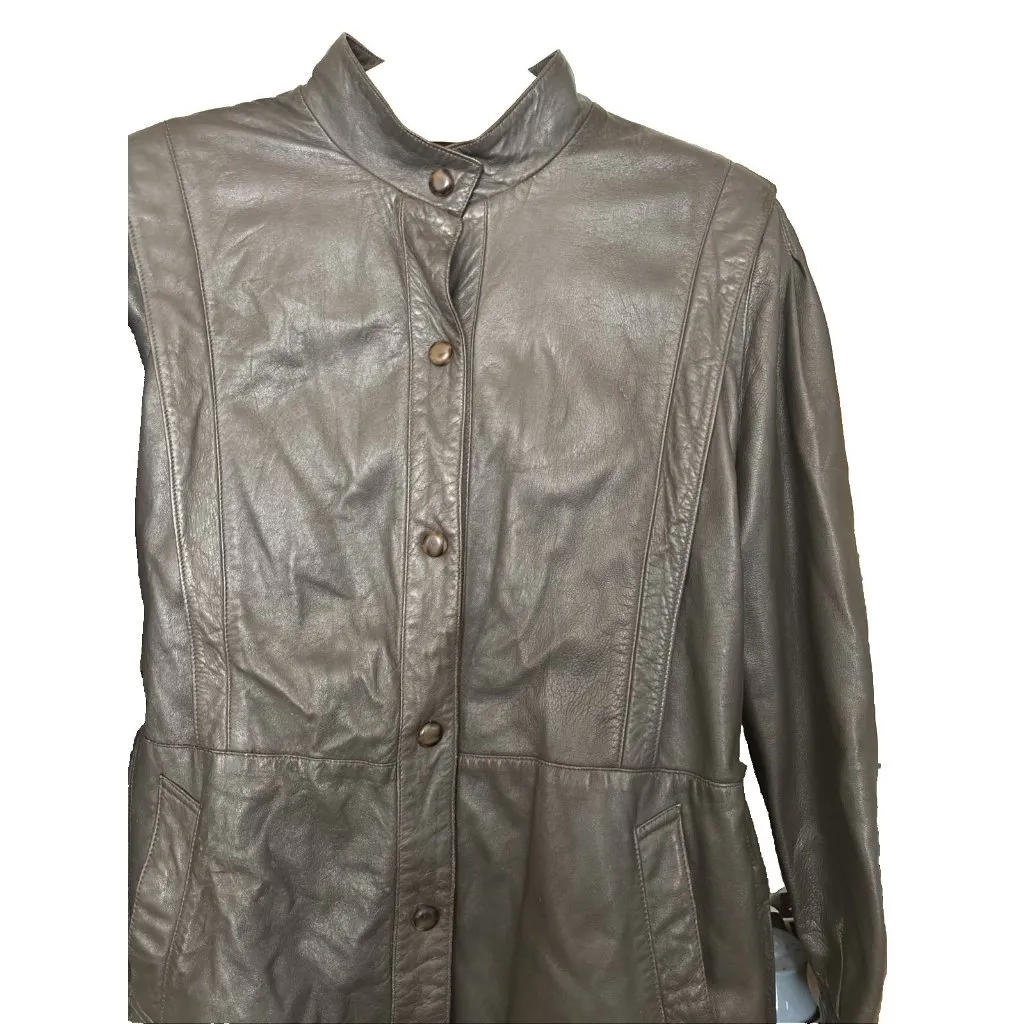 Women’s Brown Leather Jacket Italy Fiocchi Medium??? Snaps Belt Pockets Vintage - Image 3