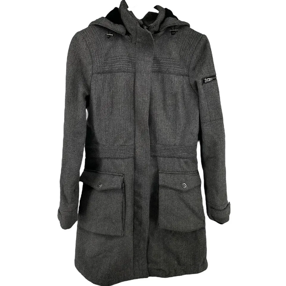 Roots Wool Jacket Herringbone Waterproof Mid Length Hooded Full Zip Gray Medium - Image 2