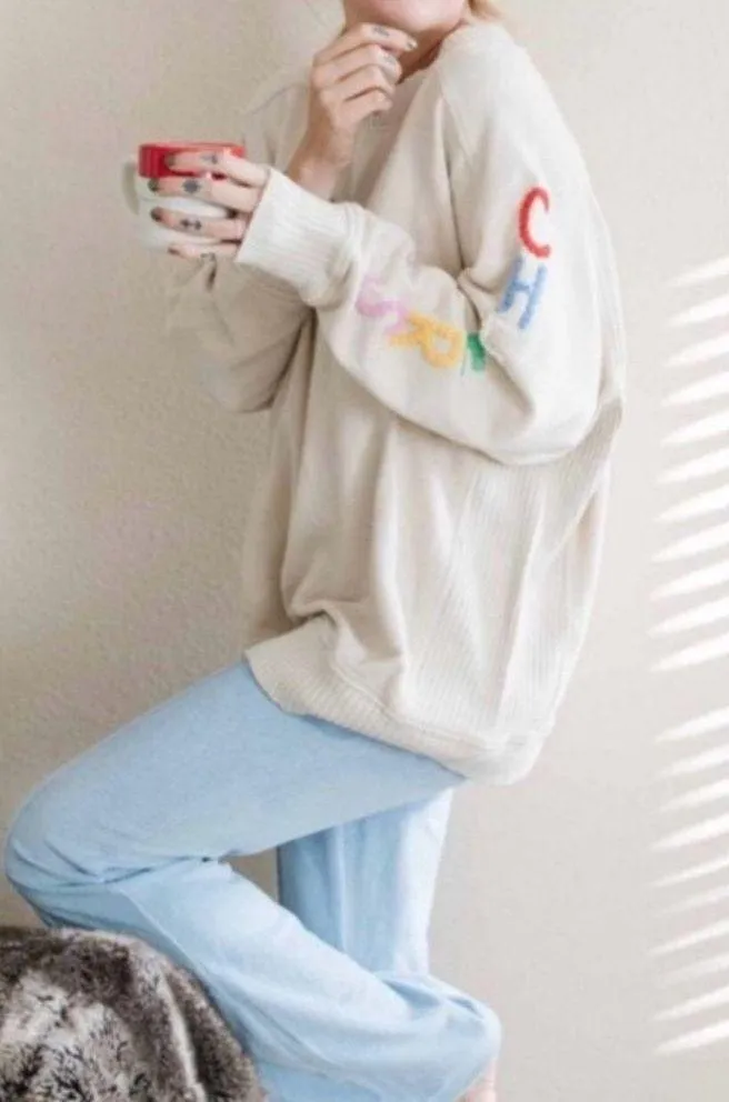 Aerie Crewneck Sweatshirt rainbow CHEERS patch  soft oat SIZE XS oversized - Image 4