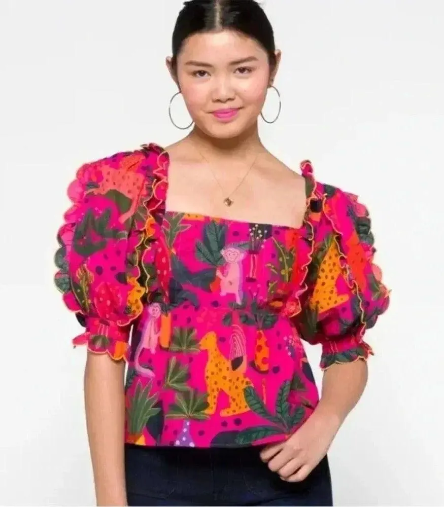 NWT FARM RIO POP LEOPARDS Short Sleeve Top BLOUSE Pink S - Image 2