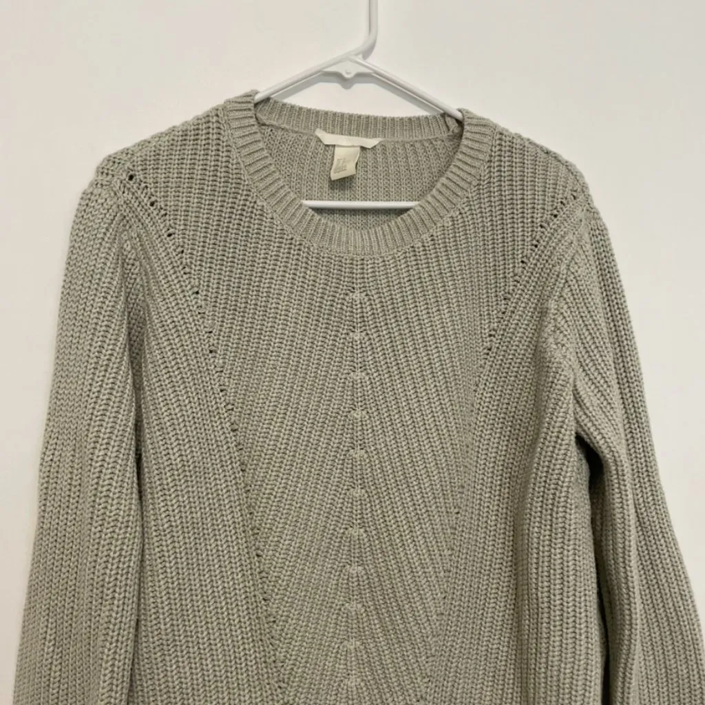 H&M Sage Green Chunky Knit Textured Cropped Crop Cotton Crew Neck Fall Sweater M - Image 2
