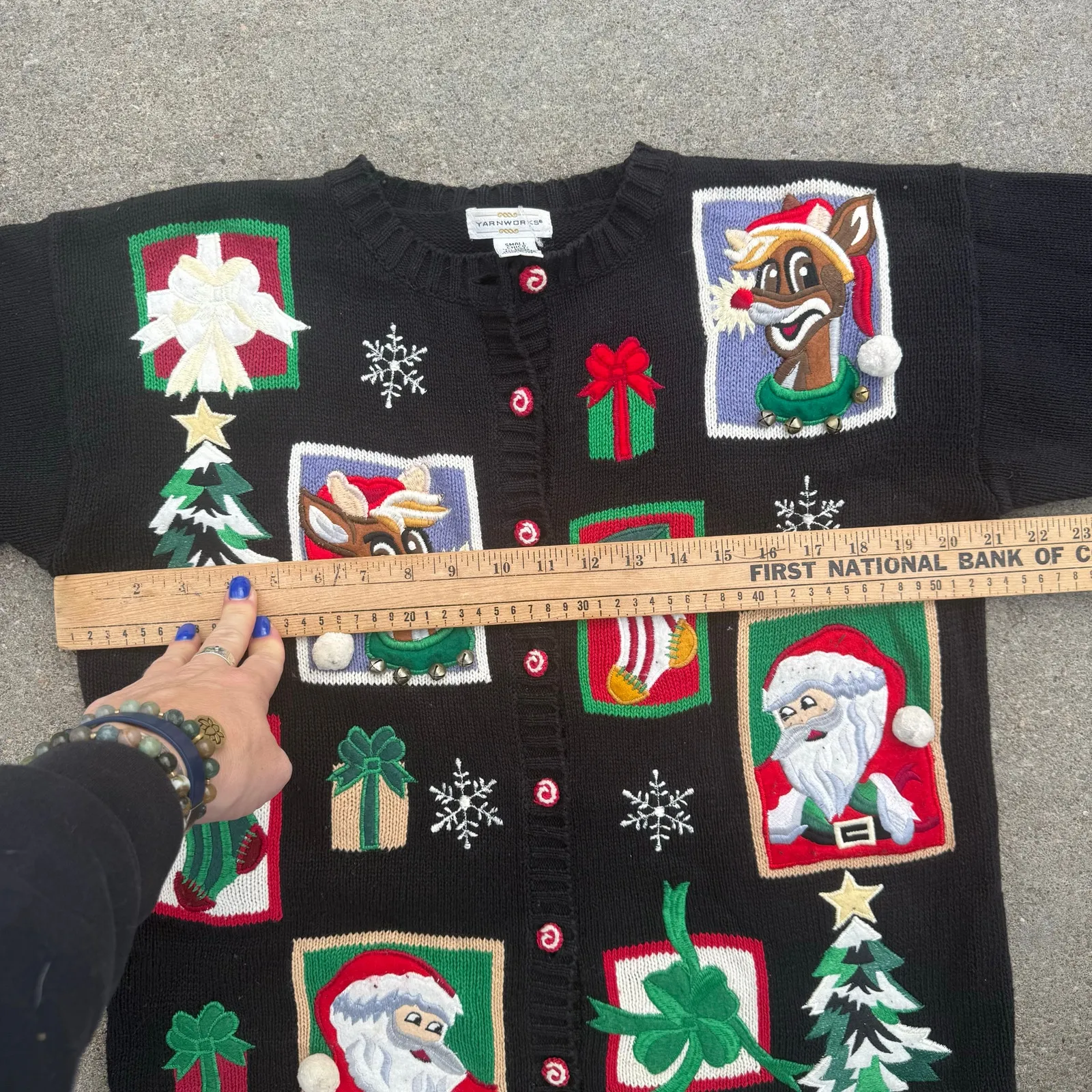 Vintage 90s Yarnworks AOP Rudolph Santa Stockings Tree Christmas Cardigan SMALL Black - Image 6