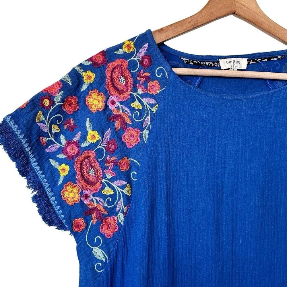 Umgee S Dress Cotton Royal Blue Embroidered Mexican Gauze Pesants - Image 8