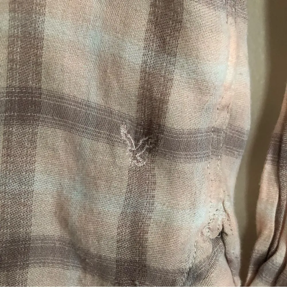American Eagle AEO Soft Light Pink Brown Plaid Flannel Button Up Shirt Top - Image 2