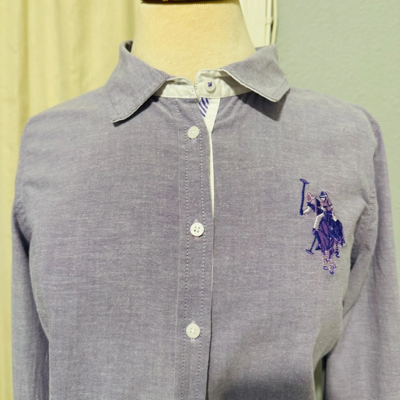US Polo Assn Oxford Button Down Shirt Purple Embroidered Polo Player Women's L - Image 2