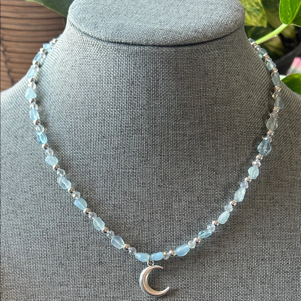Handmade Aquamarine + Silver tone Crescent Moon Necklace - Image 8
