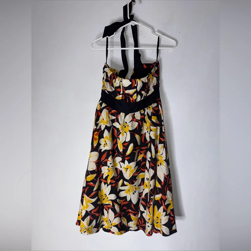 Moulinette Soeurs*‎ Black & Yellow Small Silk Floral Print Halter Neck A-Line 8 - Image 3