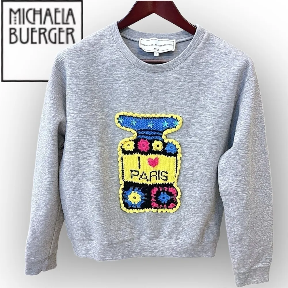 Michaela Buerger I love Paris perfume bottle sweatshirt with crochet detail, M Gray Size M - Image 2