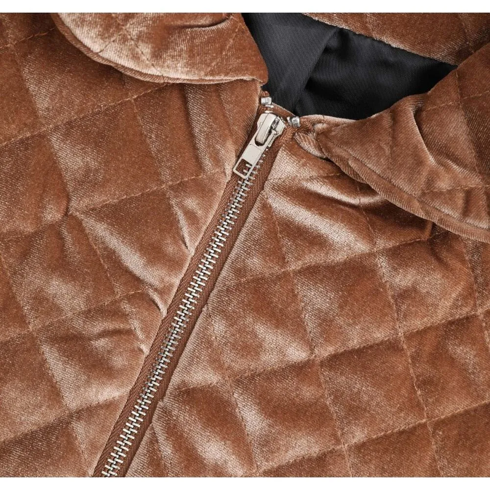 Cider Oversized Velour Zip Up Quilted Coat in Brown - Image 5