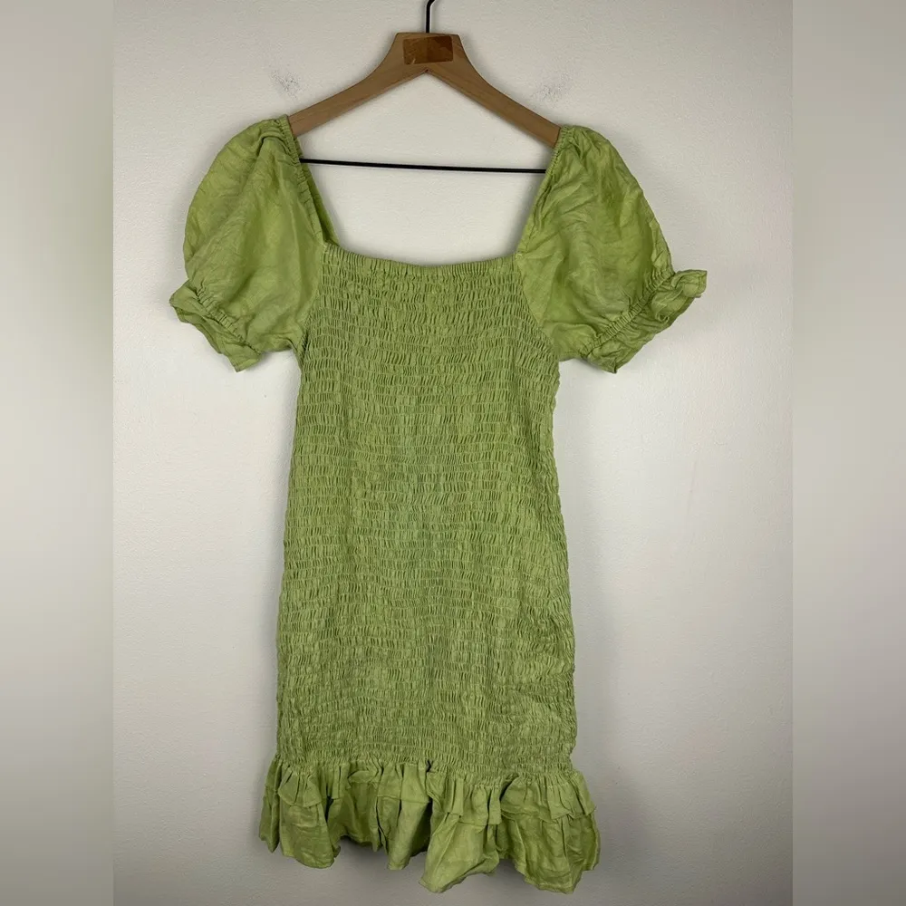 Faithful the Brand Cette Linen Lime Green Smocked Ruffled Mini Dress Sz L - Image 8