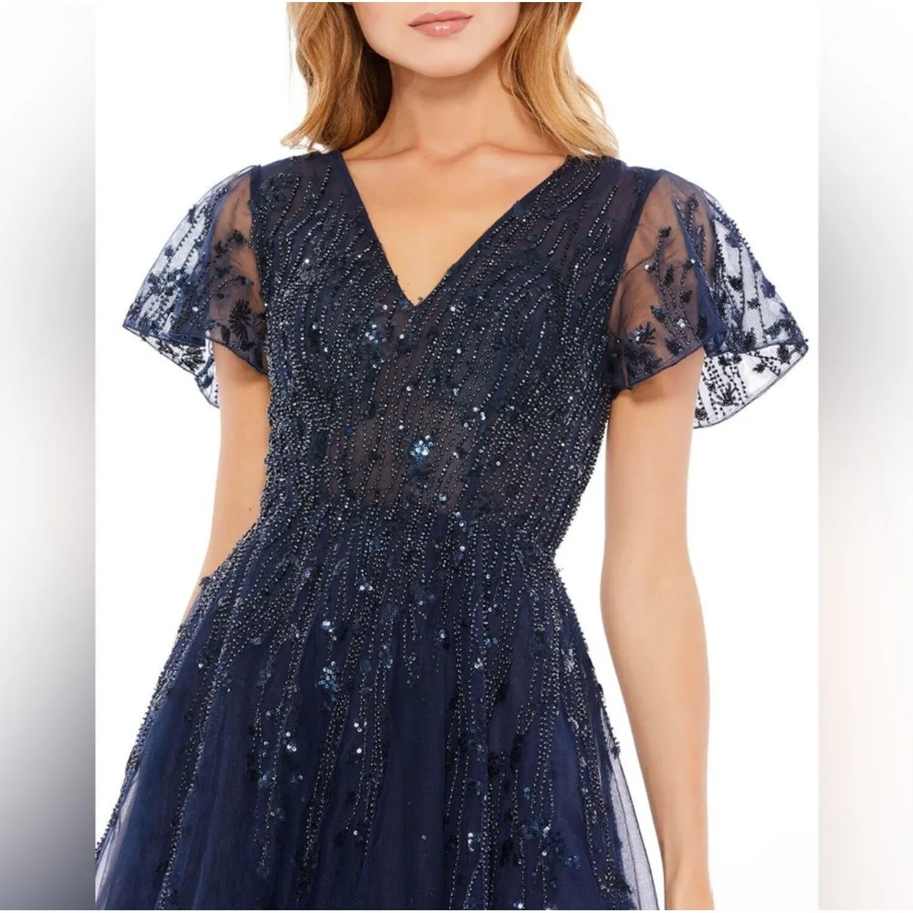 NWT Mac Duggal 20304 Embellished Flutter
Sleeve Tea Length Dress Midnight Sz 14 - Image 3