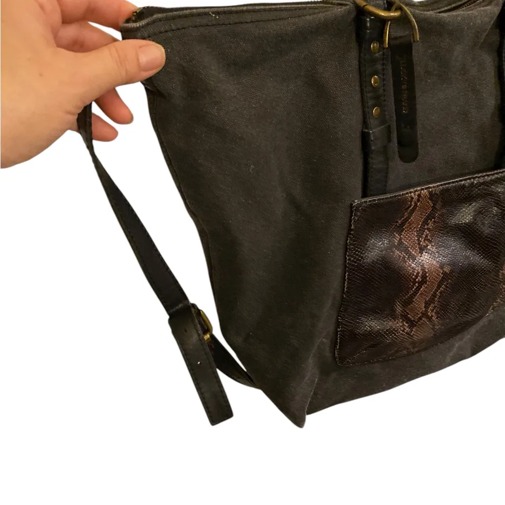 Lucky Brand Gray Brown Snakeskin pocket canvas Denim Leather Strap Tote Bag - Image 5