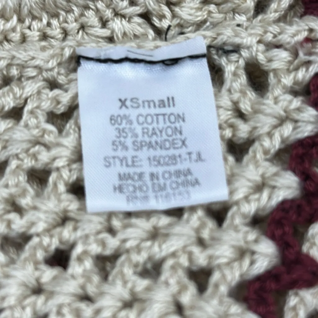 Full Tilt Cream Burgundy Boho Open Crochet Knit Cotton Blend Tank Top Womens XS Red - Image 10