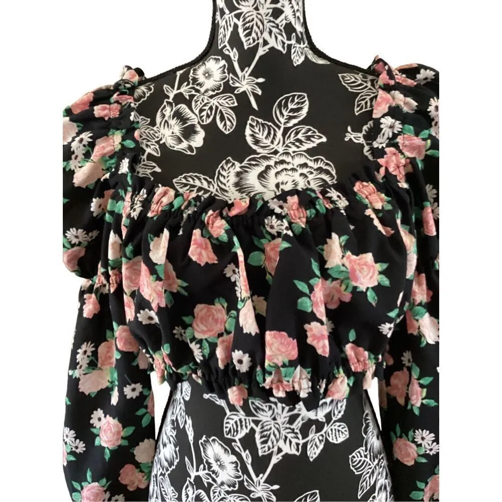Divided by H&M Floral Crop Top Cold Shpulder Boat Neck Cropped Blouse - Image 9