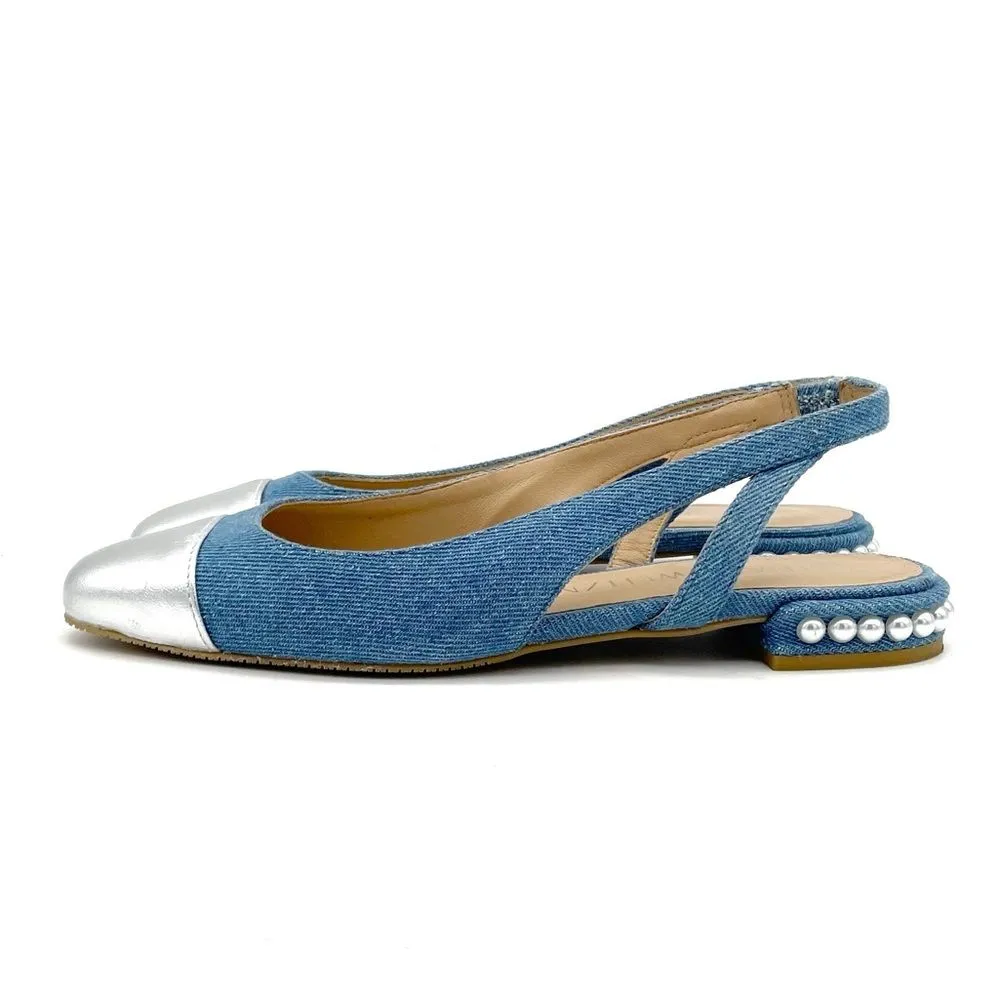 Stuart Weitzman Denim Pearl Slingback Flats Size 6 Silver Cap Toe Made in Spain - Image 2