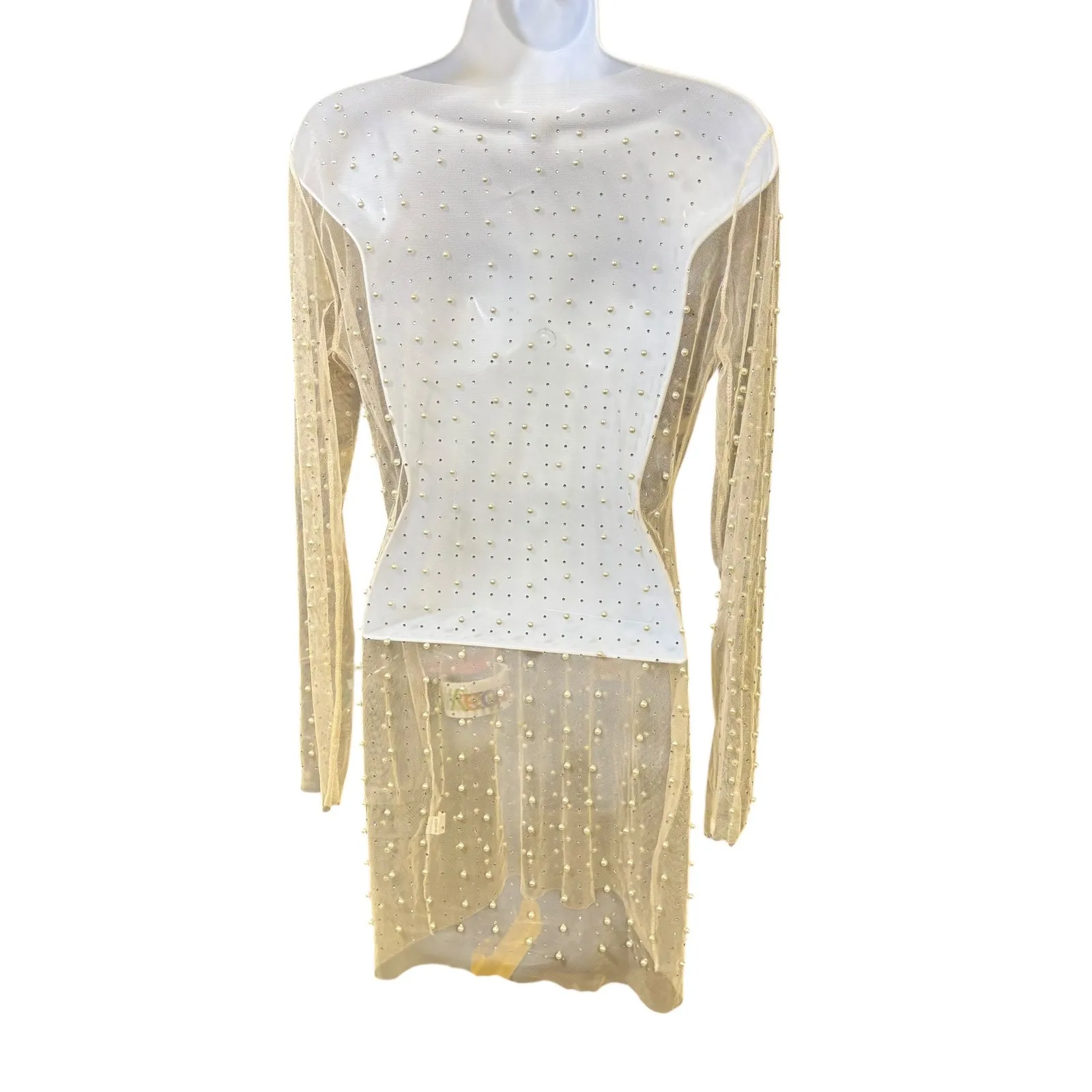 Sheer Pearl Rhinestone‎ Embellished Long Sleeve Dress Party Cocktail M* White Size M - Image 2