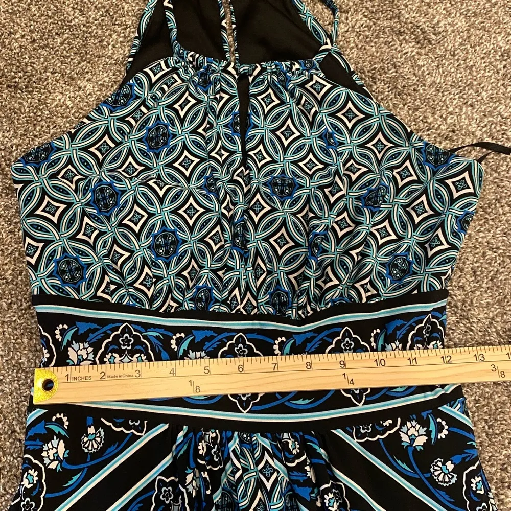 Dress Barn Y2K Halter Keyhole High Neck Blue Black Geometric Maxi Dress - Image 6