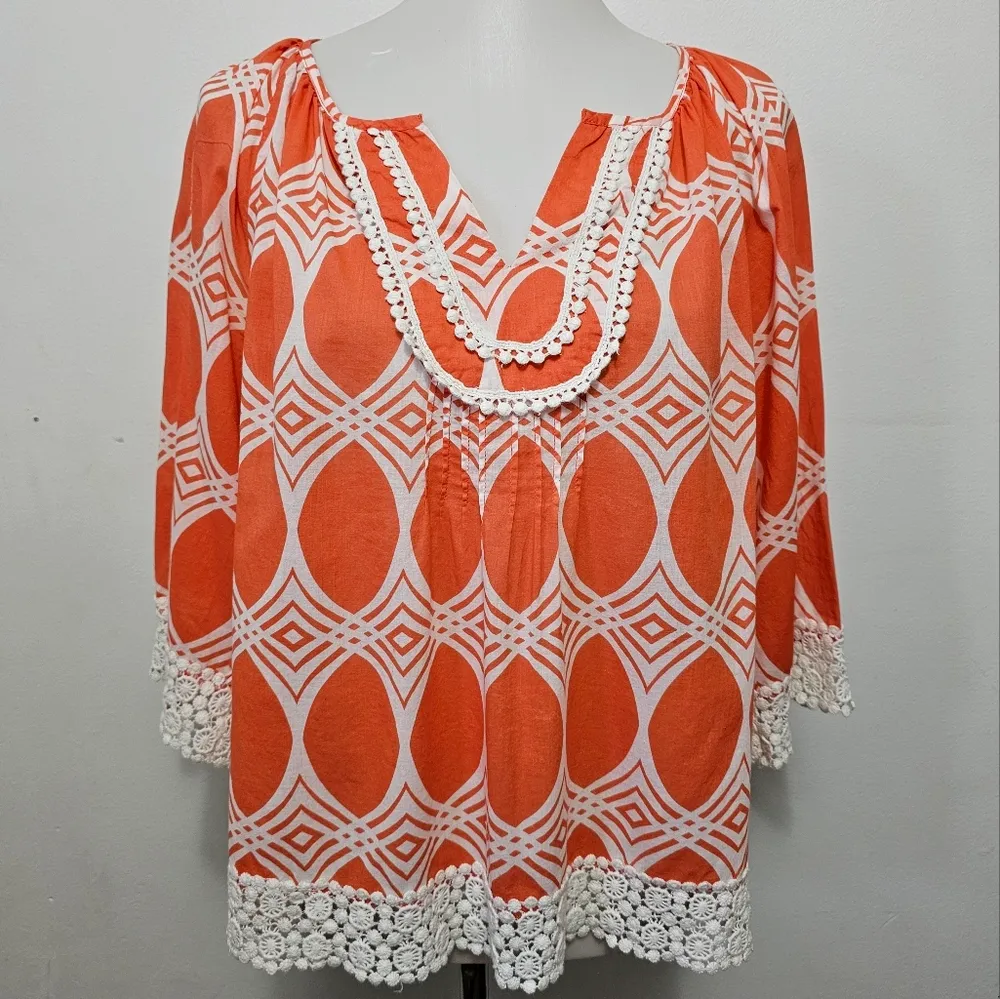 Crown & Ivy Orange & White Geo Print Crochet Detail Peasant Blouse Size XL - Image 2