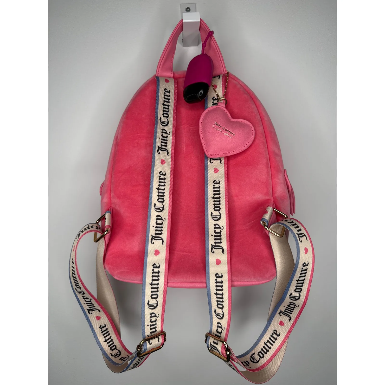 Juicy Couture Pink Velour Rhinestone Logo Backpack with Juicy heart lego charm - Image 14