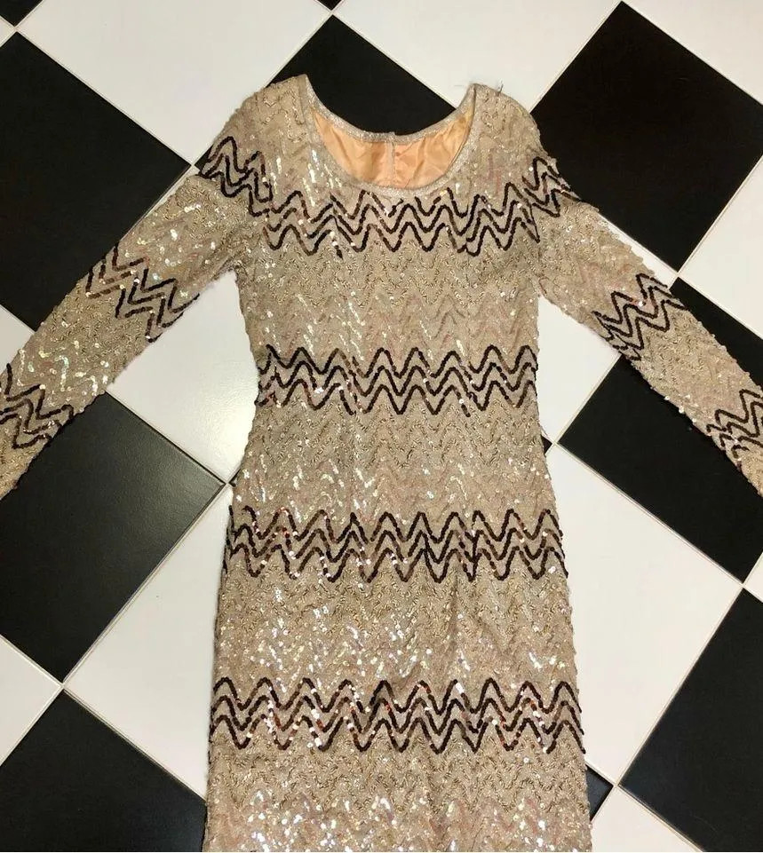 Vintage 70s Gold Long Maxi Dress All Over Sequin Chevron Pattern Evening Gown S Brown - Image 2