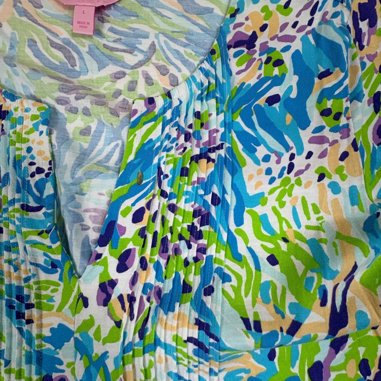 Lilly Pulitzer Tunic Dress Blue Green Purple Abstract Print‎ Roll Tab Sleeve L - Image 4