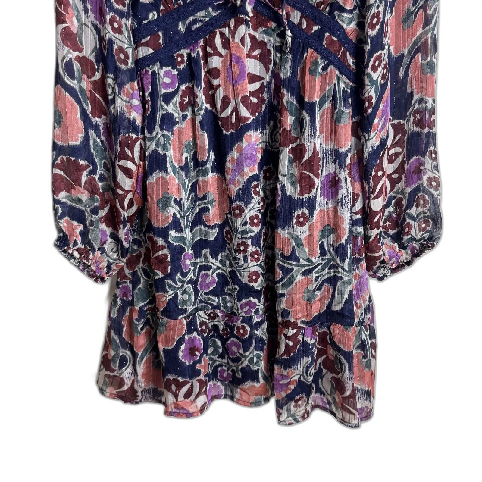 Very J Dress Womens Large Navy Purple Floral Boho Long Sleeve Lined Tie Front - Image 3