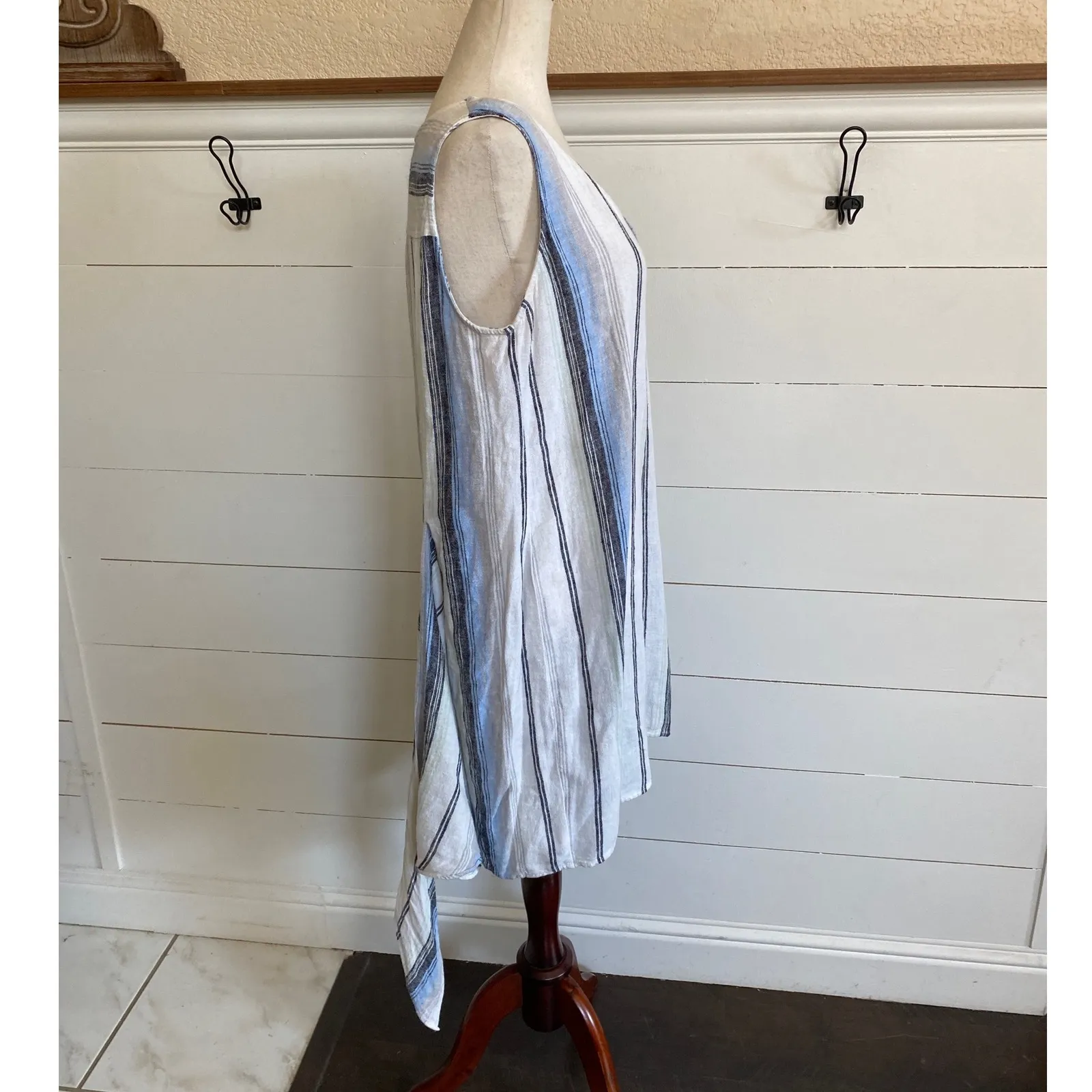 Anthropologie Drew Morgan Linen blend Blue White Striped Tie Waist tank dress- L - Image 7