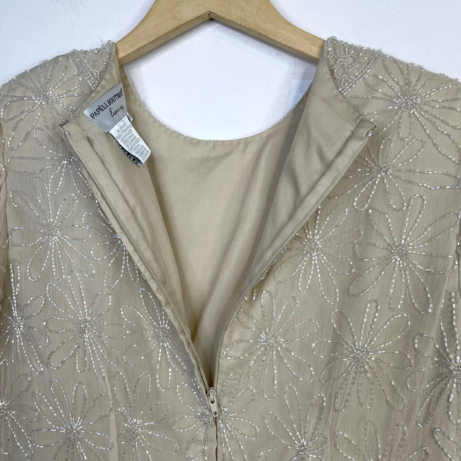 Vintage Papell Boutiqe Cream Silk Beaded Flower Art Deco Glam Blouse Top 14P M L - Image 11