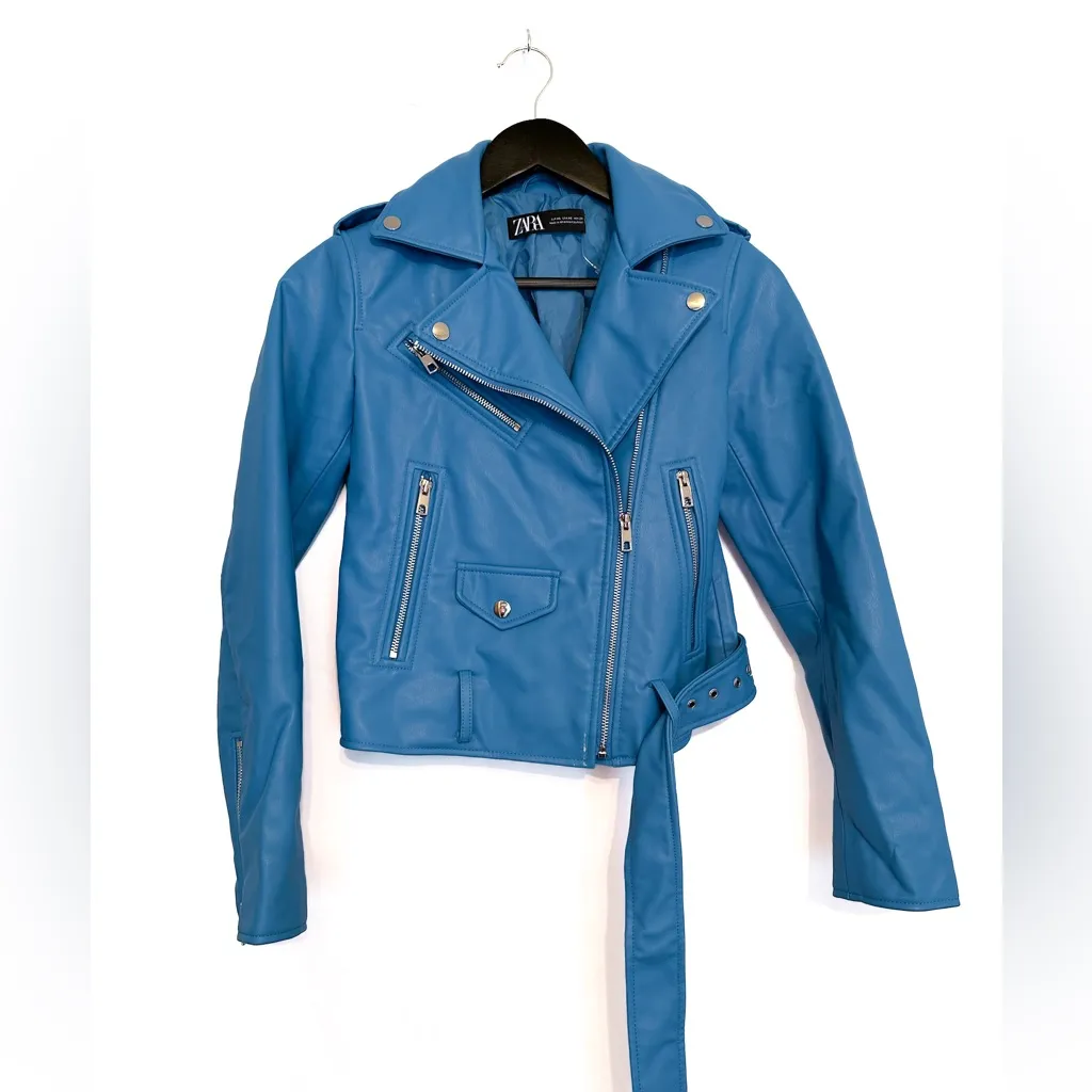 ZARA Faux Leather Blue Moto Jacket XS Biker Blogger Favorite TikTok Style - Image 9