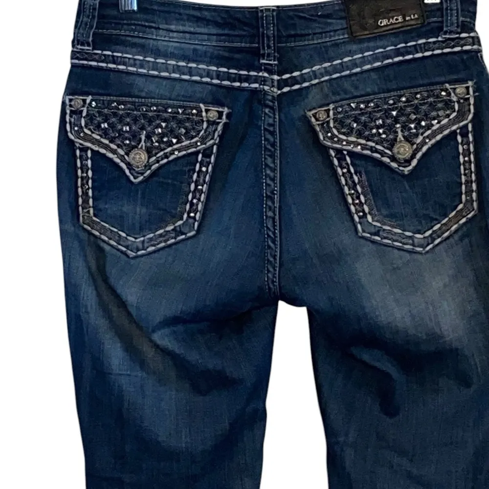Vintage Y2k Grace in LA embroidered stitch & embellished Glam rock lowrise Jeans Blue Size 26 - Image 2