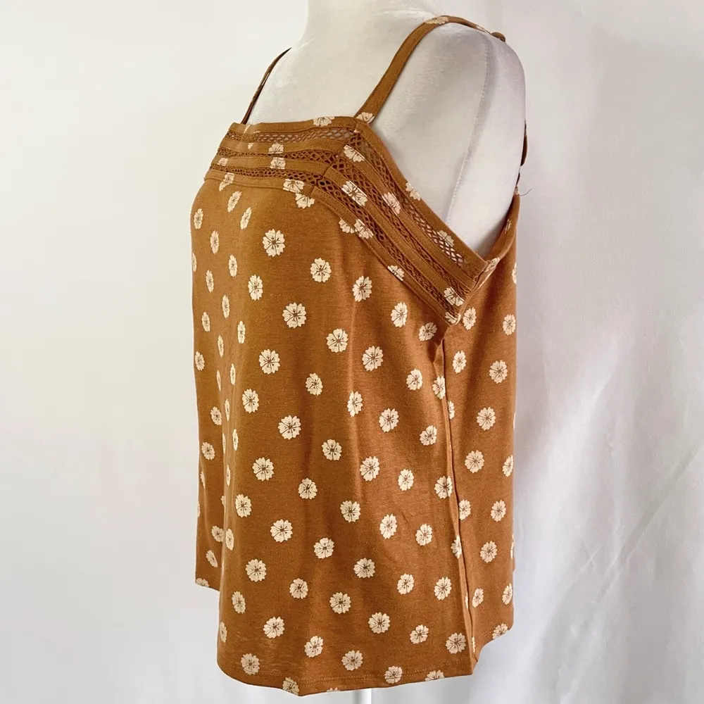 New  Floral Print Linen Blend Lace Trim Tank Top Brown Size XL - Image 6