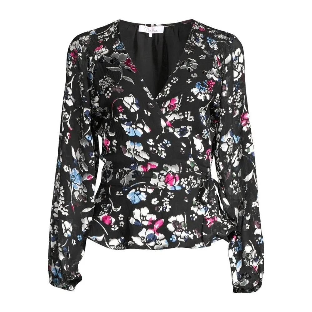 Parker Britta Long Sleeve Wrap Front Tie Blouse in Black Large New Womens Floral - Image 10
