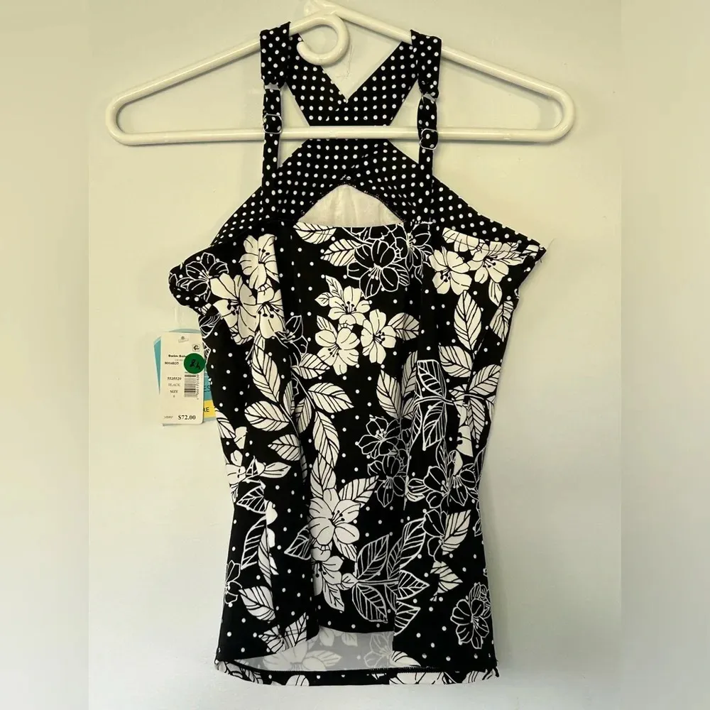 Nwt SWIM SOLUTIONS Women's Black Hibiscus Stretch Halter Tankini Swim top medium Size 8 - Image 4