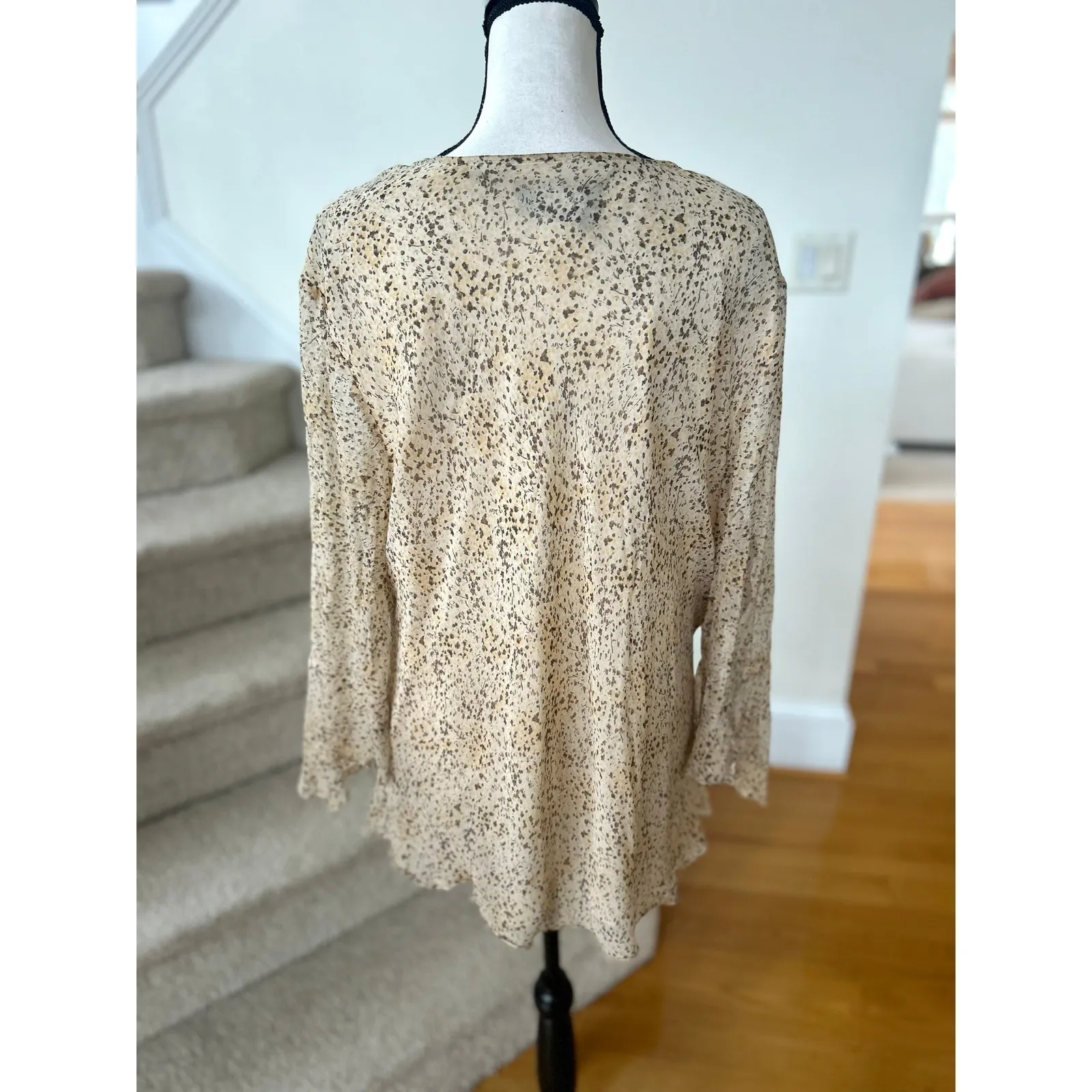 Vintage Y2K Babydoll Silk Beige Dot Sequin Long Sleeve V - Image 4