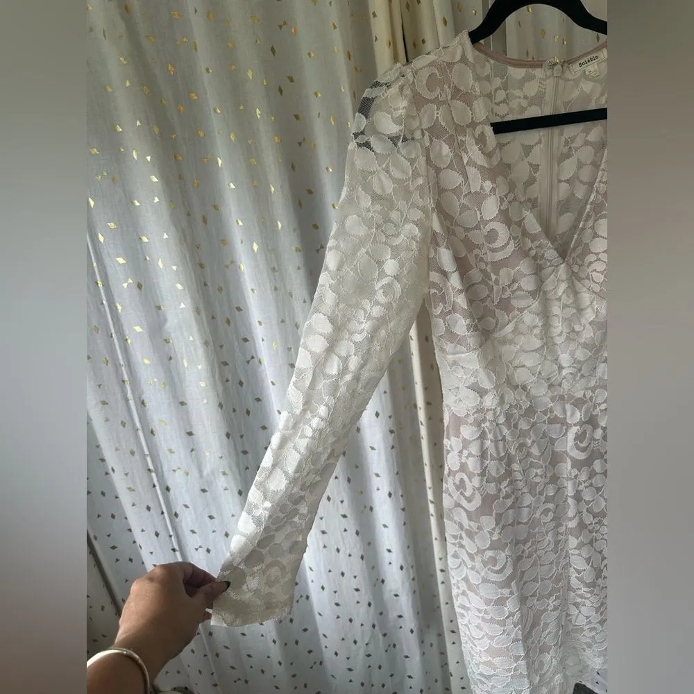 Soieblu Lace Plunge V Neck Long Sleeve Slight Hi Lo Bodycon Cocktail Dress M - Image 2