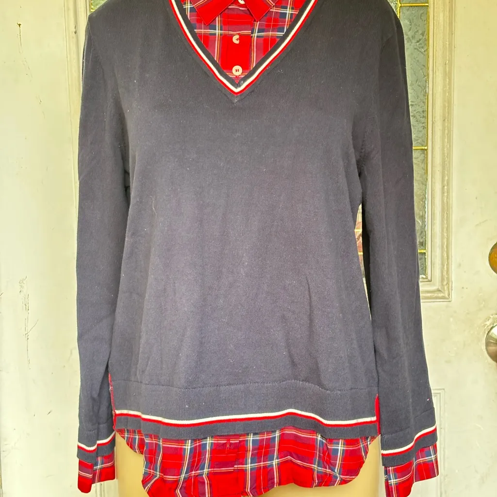 TOMMY HILFIGER
Women's Layered-look V-neck Sweater In Sky Captain/ Ivory/ Sky - Image 6