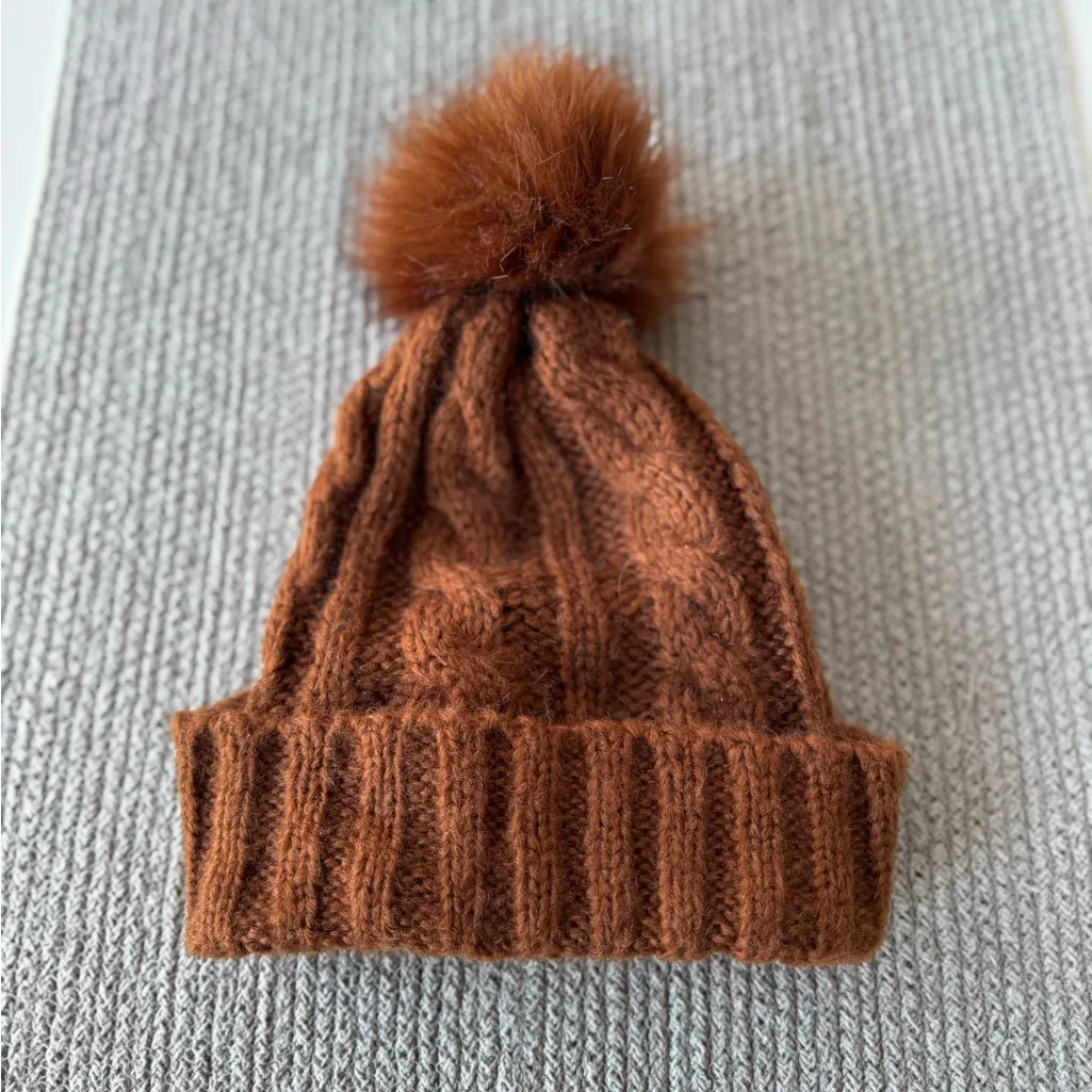 Cognac Brown Cable Knit Winter Hat with Faux Fur Pom Pom - Image 4
