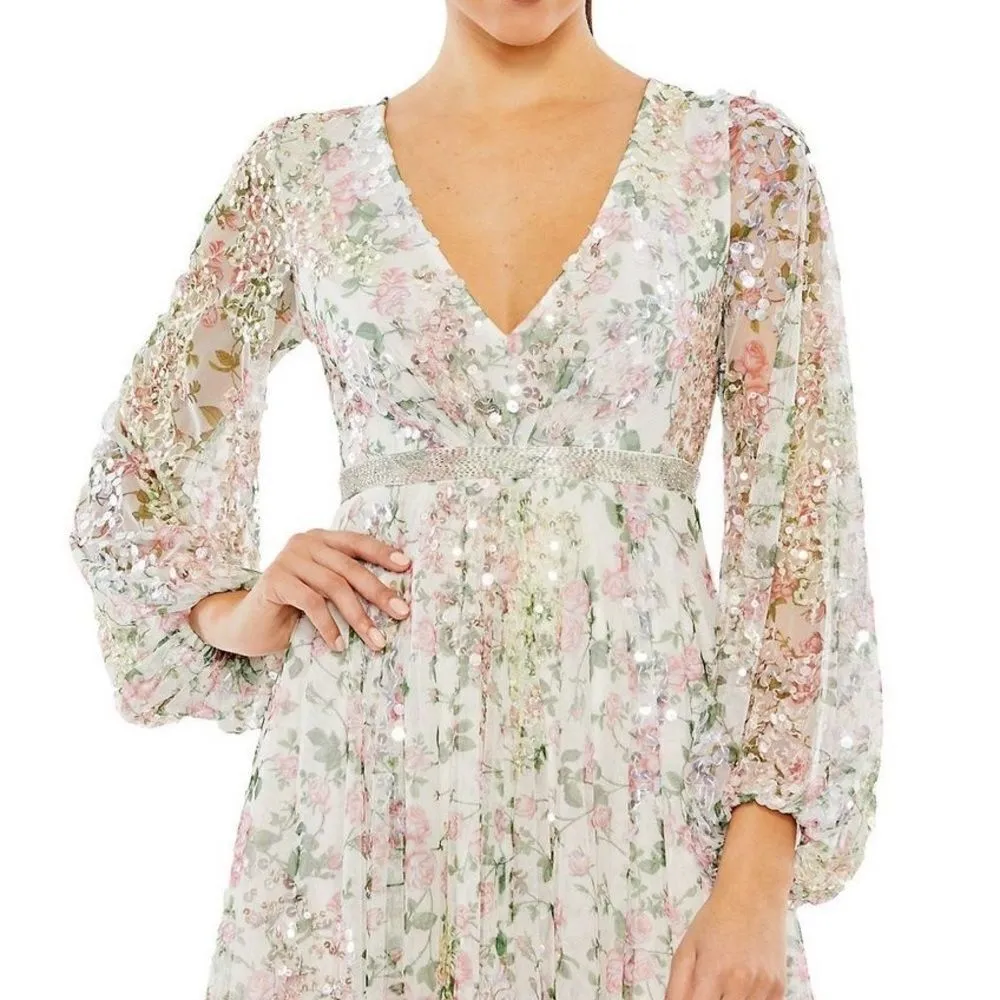Mac Duggal 93788  Womens White Floral Print Faux Wrap Dress - Image 3