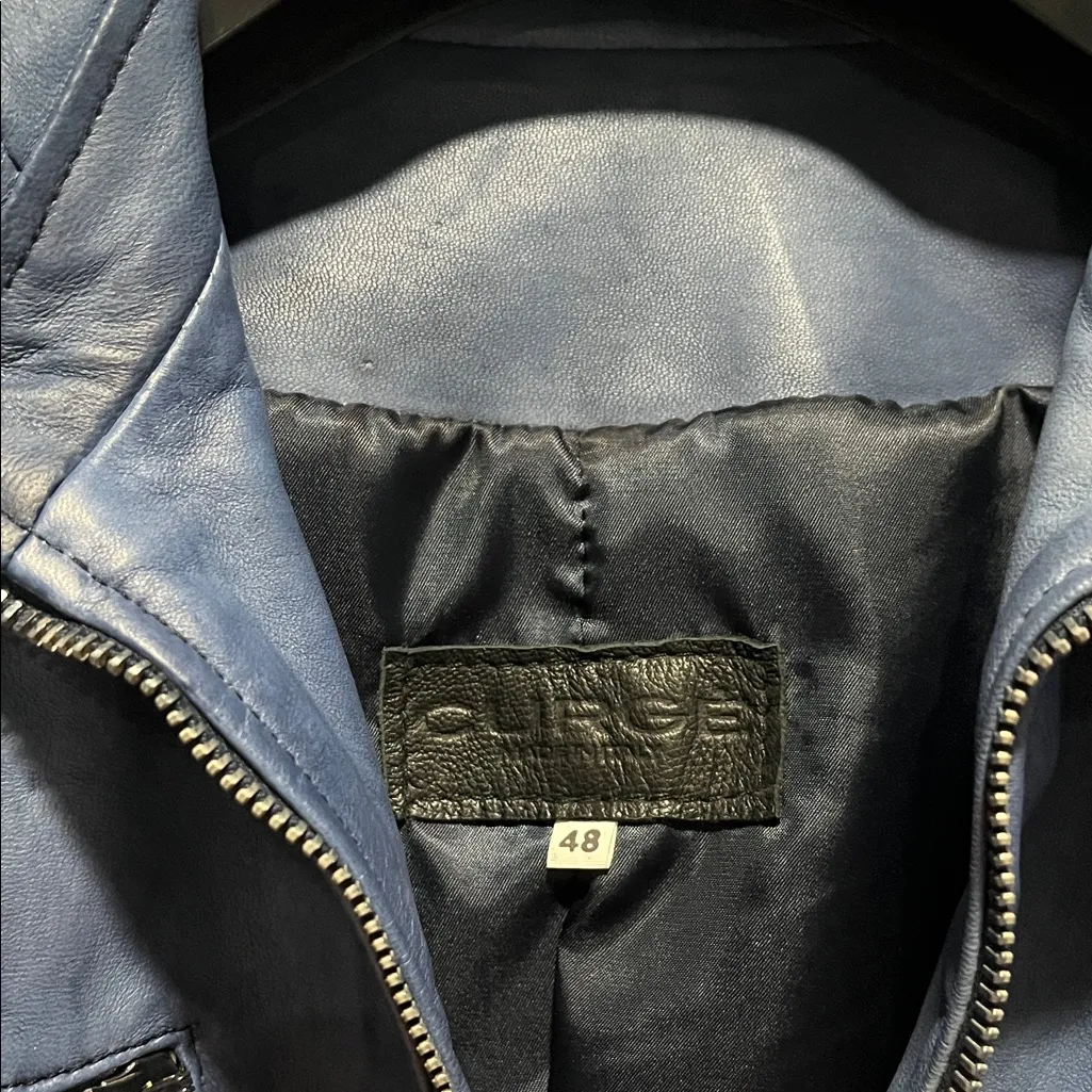 Italian Womans Blue Leather‎ Zip Up Jacket Made by CURGÈ size L EU 48 NWT W16 Size L - Image 2