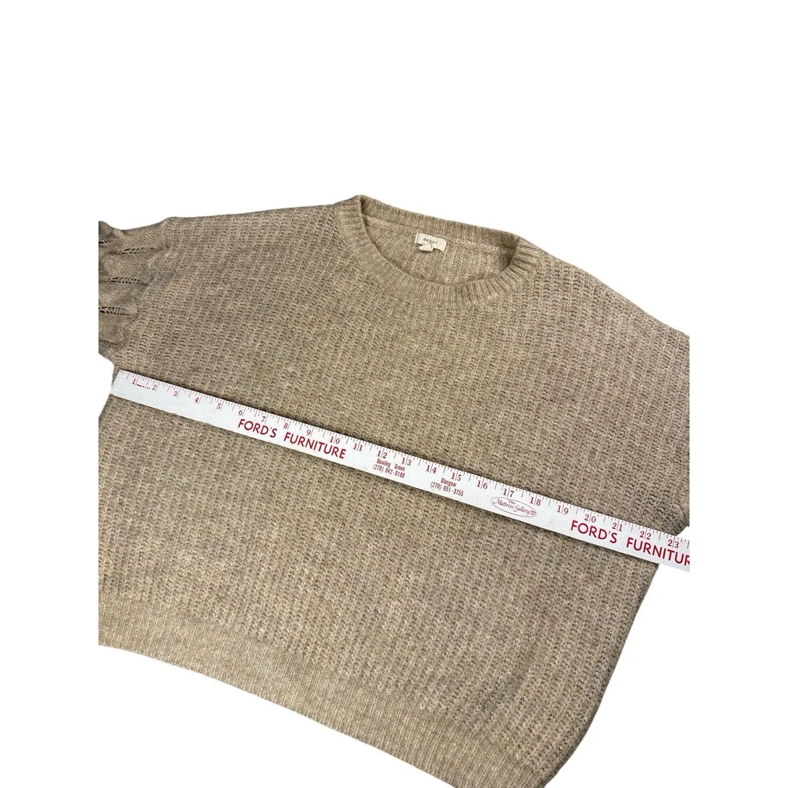 DEBUT Oatmeal Beige Knit Sweater Puffy Crocodile Stitch Sleeves Medium Cropped - Image 5