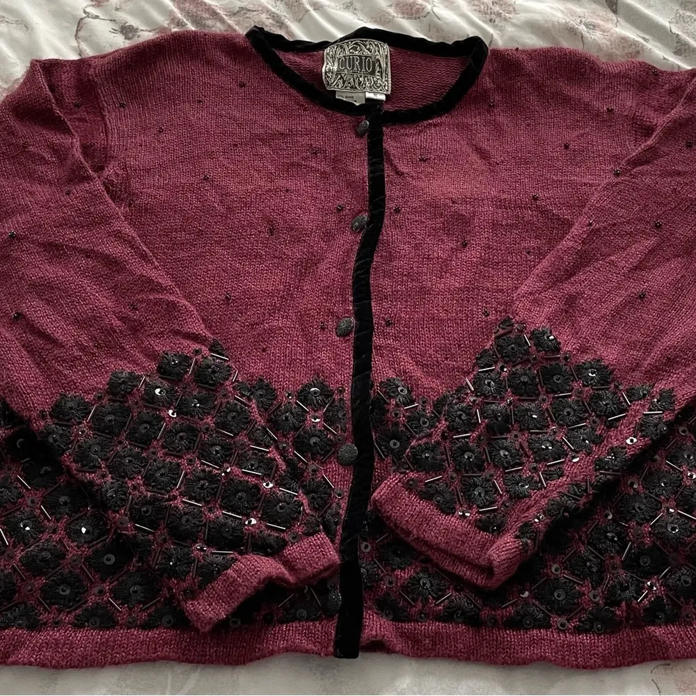 Vintage Curio maroon black boho floral embroidered beaded cardigan, size S Red - Image 14